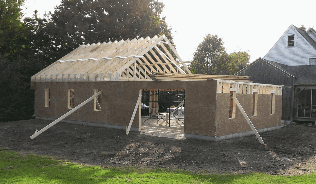 Garage framing under construction in New Hampshire